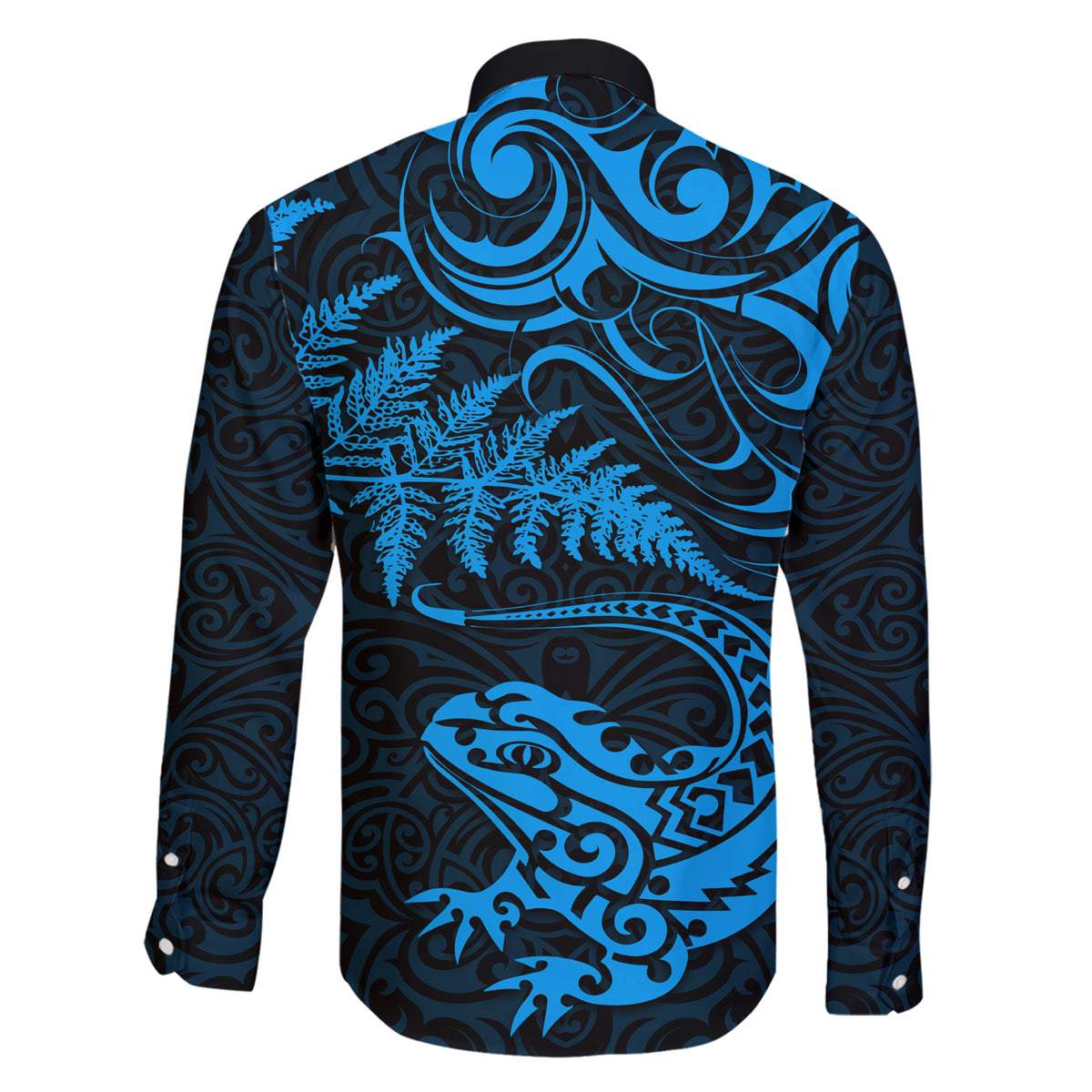 New Zealand Tuatara Tribal Tattoo Family Matching Short Sleeve Bodycon Dress and Hawaiian Shirt Silver Fern and Maori Pattern Blue Color LT03 - Polynesian Pride