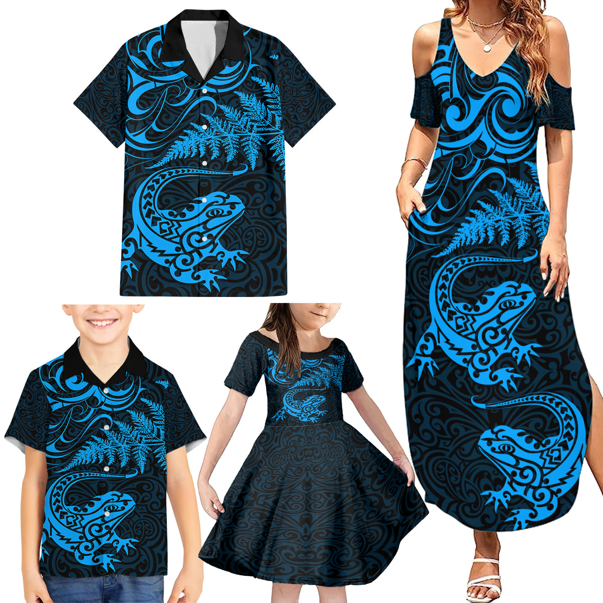 New Zealand Tuatara Tribal Tattoo Family Matching Summer Maxi Dress and Hawaiian Shirt Silver Fern and Maori Pattern Blue Color LT03 - Polynesian Pride