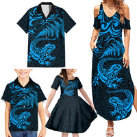 New Zealand Tuatara Tribal Tattoo Family Matching Summer Maxi Dress and Hawaiian Shirt Silver Fern and Maori Pattern Blue Color LT03 - Polynesian Pride