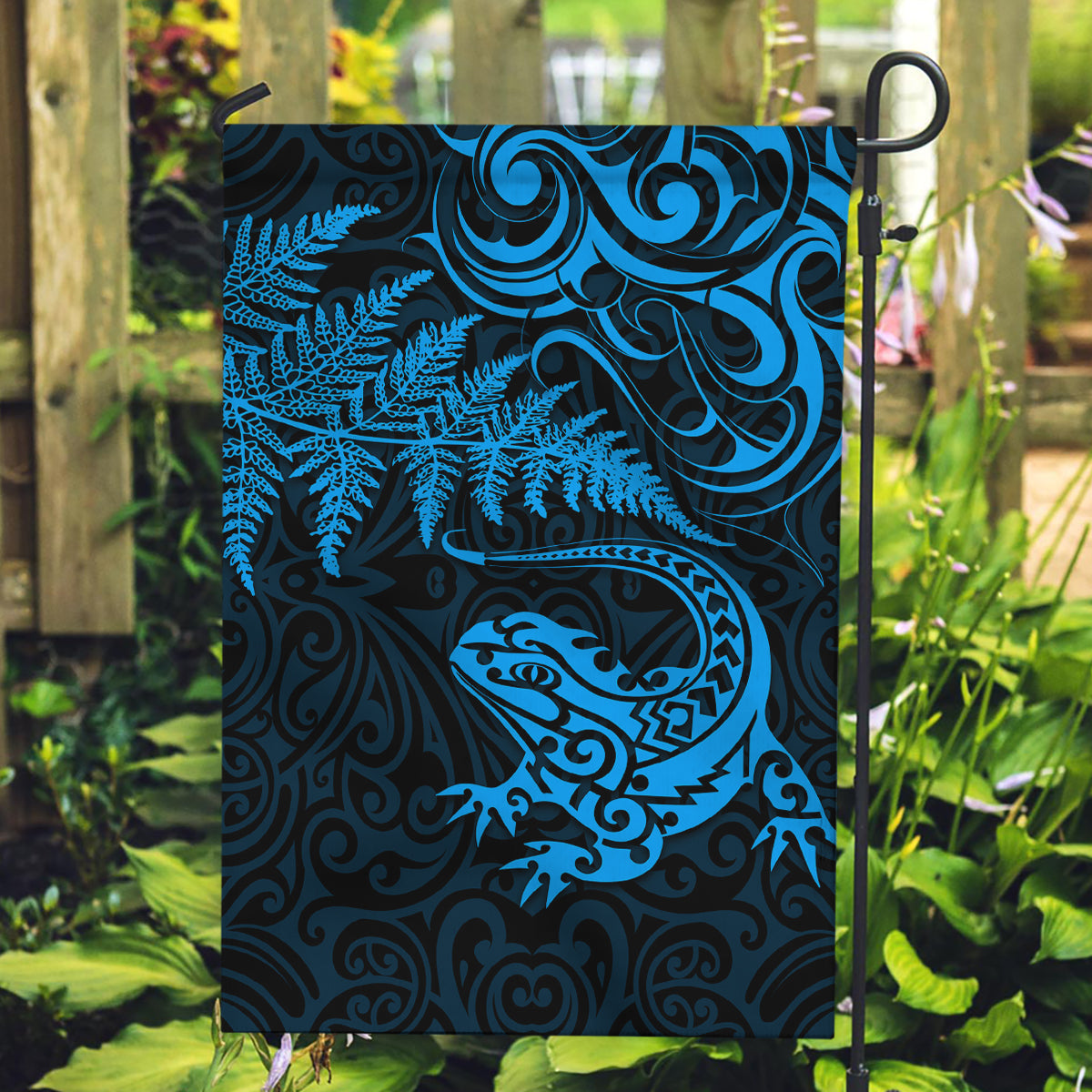 New Zealand Tuatara Tribal Tattoo Garden Flag Silver Fern and Maori Pattern Blue Color LT03 Garden Flag Blue - Polynesian Pride