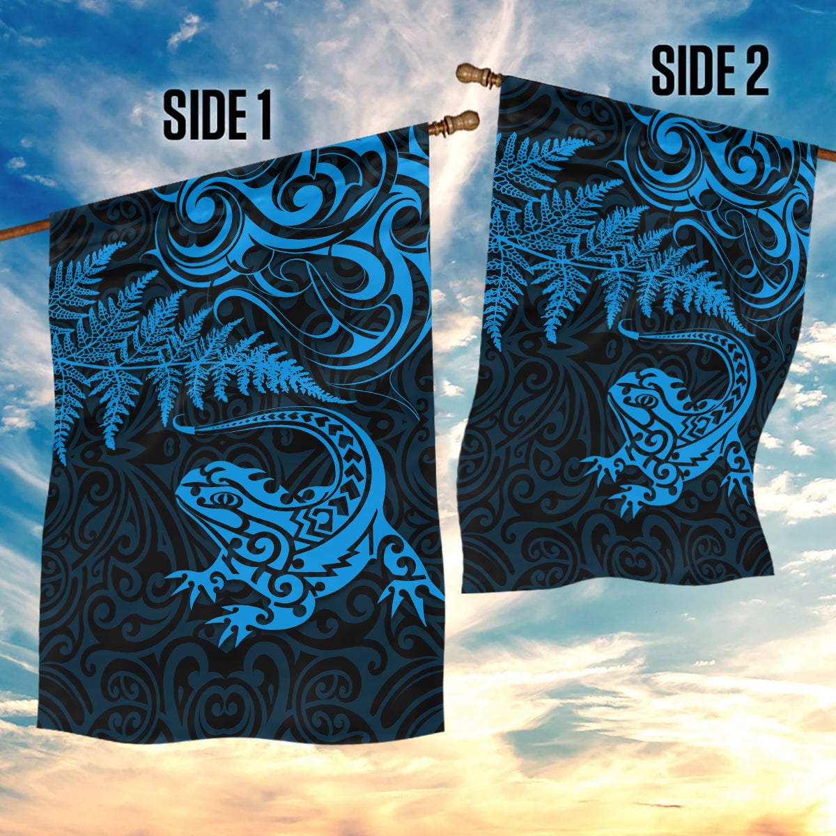 New Zealand Tuatara Tribal Tattoo Garden Flag Silver Fern and Maori Pattern Blue Color LT03 - Polynesian Pride