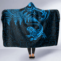 New Zealand Tuatara Tribal Tattoo Hooded Blanket Silver Fern and Maori Pattern Blue Color LT03 - Polynesian Pride