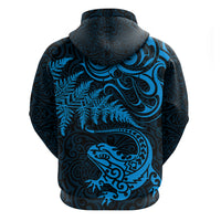 New Zealand Tuatara Tribal Tattoo Hoodie Silver Fern and Maori Pattern Blue Color LT03 - Polynesian Pride