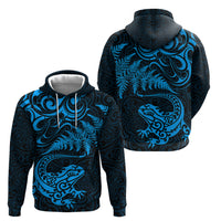 New Zealand Tuatara Tribal Tattoo Hoodie Silver Fern and Maori Pattern Blue Color LT03 - Polynesian Pride