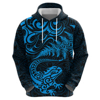 New Zealand Tuatara Tribal Tattoo Hoodie Silver Fern and Maori Pattern Blue Color LT03 - Polynesian Pride