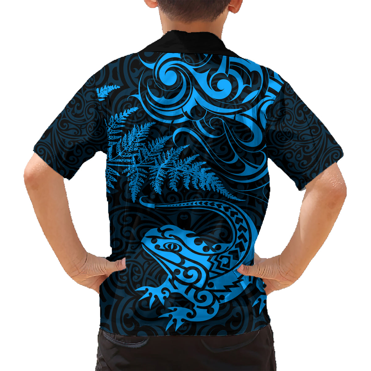 New Zealand Tuatara Tribal Tattoo Kid Hawaiian Shirt Silver Fern and Maori Pattern Blue Color LT03 - Polynesian Pride