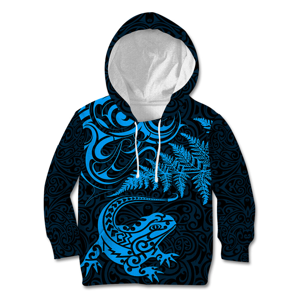 New Zealand Tuatara Tribal Tattoo Kid Hoodie Silver Fern and Maori Pattern Blue Color LT03 Hoodie Blue - Polynesian Pride