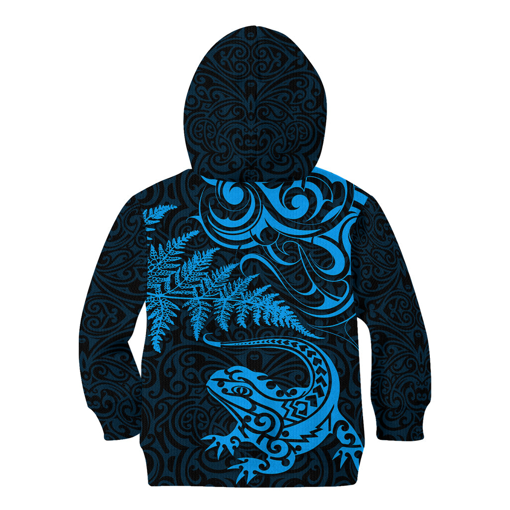 New Zealand Tuatara Tribal Tattoo Kid Hoodie Silver Fern and Maori Pattern Blue Color LT03 - Polynesian Pride