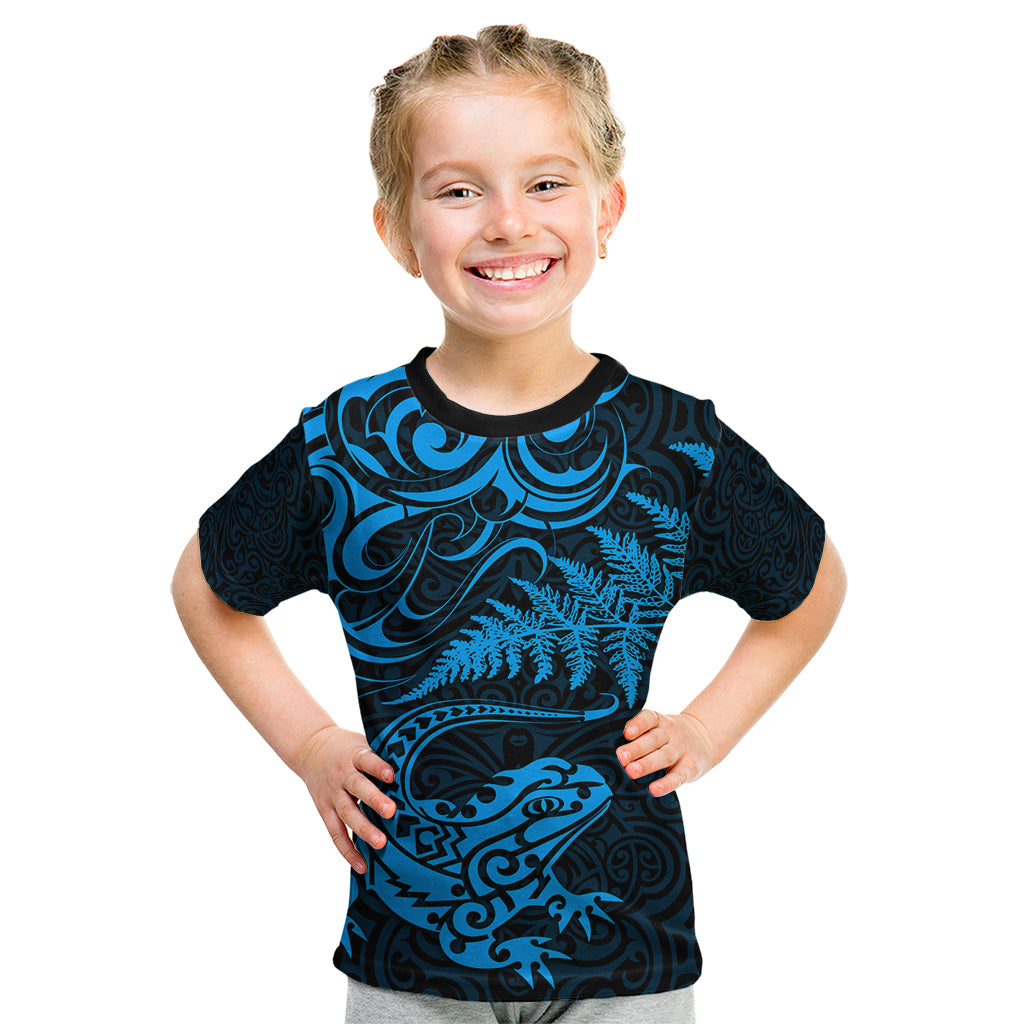 New Zealand Tuatara Tribal Tattoo Kid T Shirt Silver Fern and Maori Pattern Blue Color LT03 Blue - Polynesian Pride