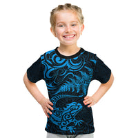New Zealand Tuatara Tribal Tattoo Kid T Shirt Silver Fern and Maori Pattern Blue Color LT03 Blue - Polynesian Pride