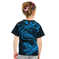 New Zealand Tuatara Tribal Tattoo Kid T Shirt Silver Fern and Maori Pattern Blue Color LT03 - Polynesian Pride