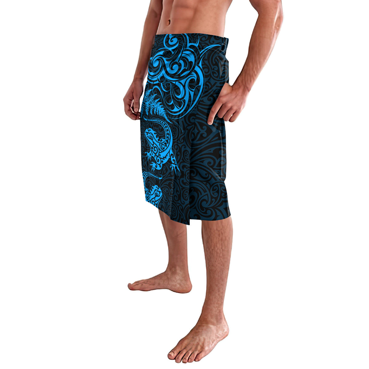 New Zealand Tuatara Tribal Tattoo Lavalava Silver Fern and Maori Pattern Blue Color LT03 - Polynesian Pride