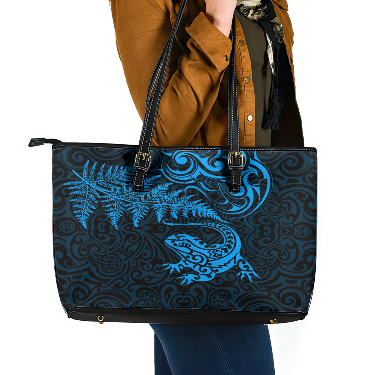 New Zealand Tuatara Tribal Tattoo Leather Tote Bag Silver Fern and Maori Pattern Blue Color LT03 - Polynesian Pride