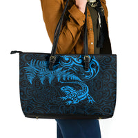 New Zealand Tuatara Tribal Tattoo Leather Tote Bag Silver Fern and Maori Pattern Blue Color LT03 - Polynesian Pride