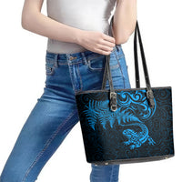 New Zealand Tuatara Tribal Tattoo Leather Tote Bag Silver Fern and Maori Pattern Blue Color LT03 - Polynesian Pride