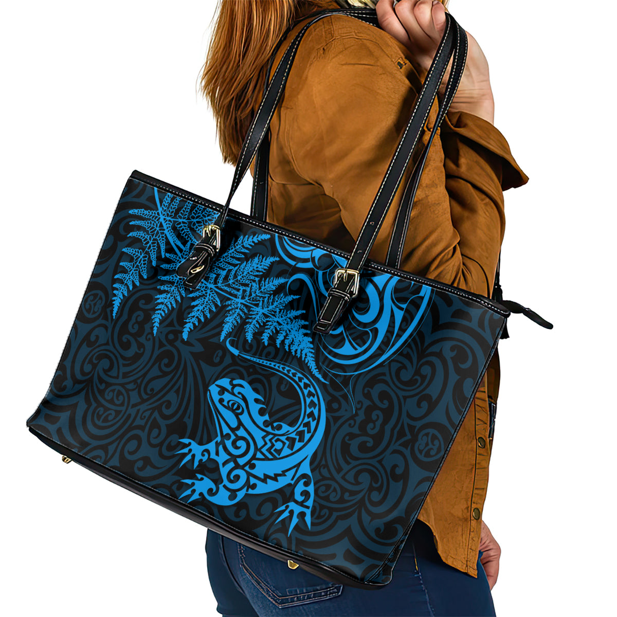 New Zealand Tuatara Tribal Tattoo Leather Tote Bag Silver Fern and Maori Pattern Blue Color LT03 - Polynesian Pride