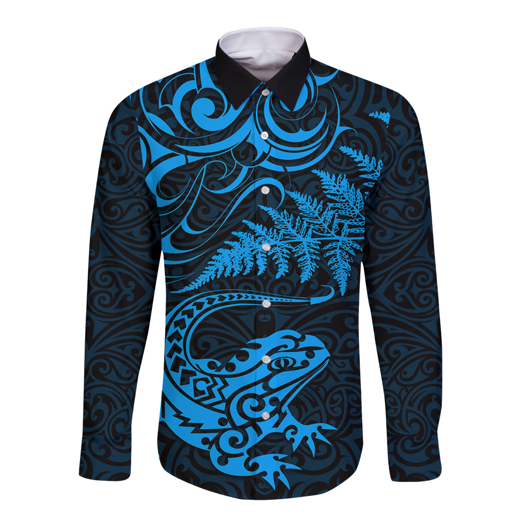New Zealand Tuatara Tribal Tattoo Long Sleeve Button Shirt Silver Fern and Maori Pattern Blue Color LT03 Unisex Blue - Polynesian Pride