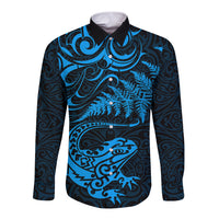New Zealand Tuatara Tribal Tattoo Long Sleeve Button Shirt Silver Fern and Maori Pattern Blue Color LT03 Unisex Blue - Polynesian Pride