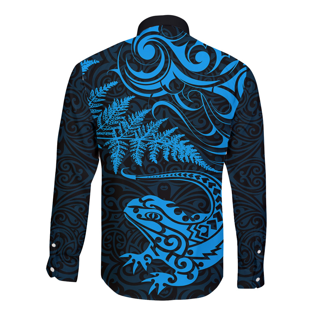 New Zealand Tuatara Tribal Tattoo Long Sleeve Button Shirt Silver Fern and Maori Pattern Blue Color LT03 - Polynesian Pride