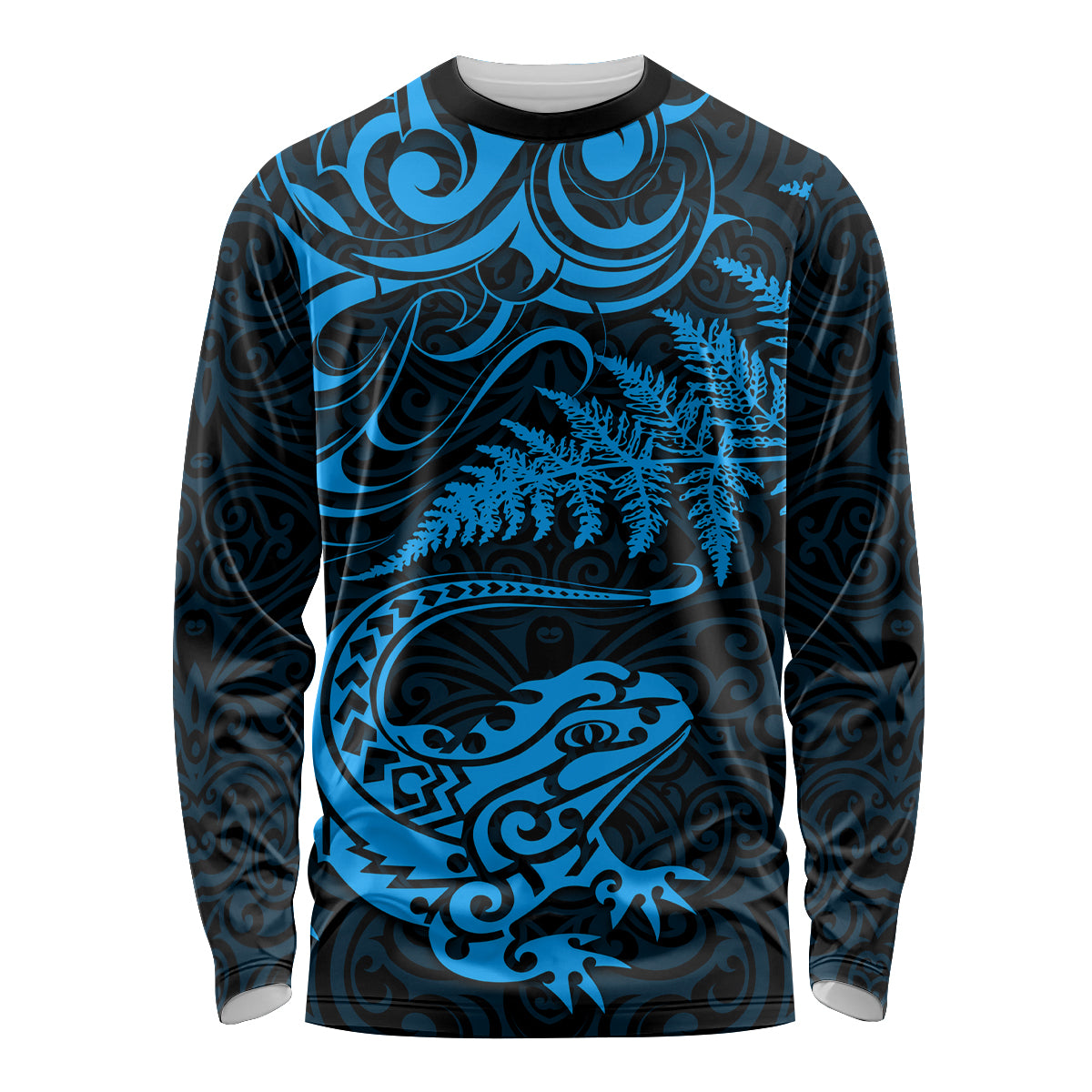 New Zealand Tuatara Tribal Tattoo Long Sleeve Shirt Silver Fern and Maori Pattern Blue Color LT03 Unisex Blue - Polynesian Pride