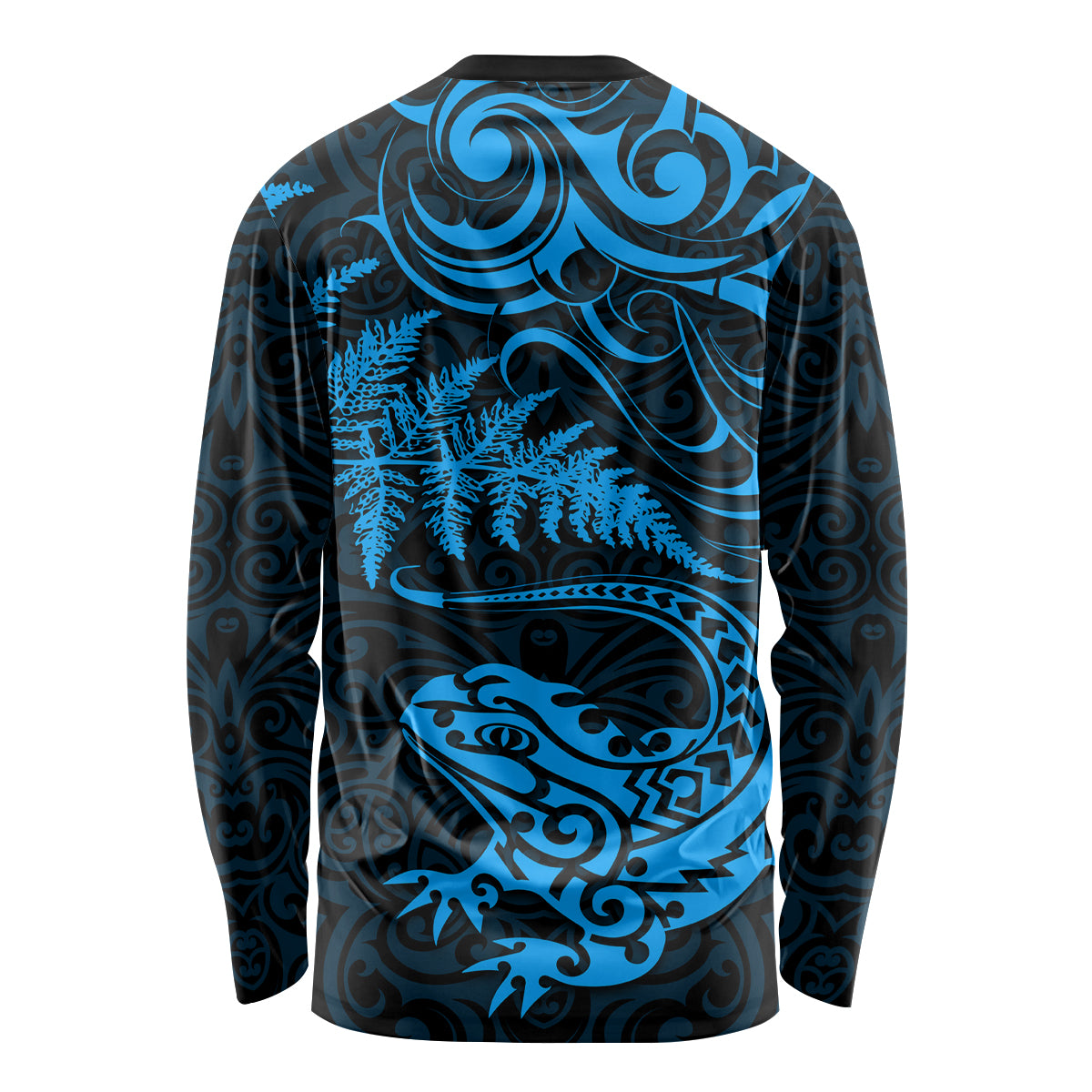 New Zealand Tuatara Tribal Tattoo Long Sleeve Shirt Silver Fern and Maori Pattern Blue Color LT03 - Polynesian Pride