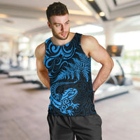 New Zealand Tuatara Tribal Tattoo Men Tank Top Silver Fern and Maori Pattern Blue Color LT03 Blue - Polynesian Pride