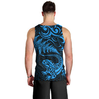 New Zealand Tuatara Tribal Tattoo Men Tank Top Silver Fern and Maori Pattern Blue Color LT03 - Polynesian Pride