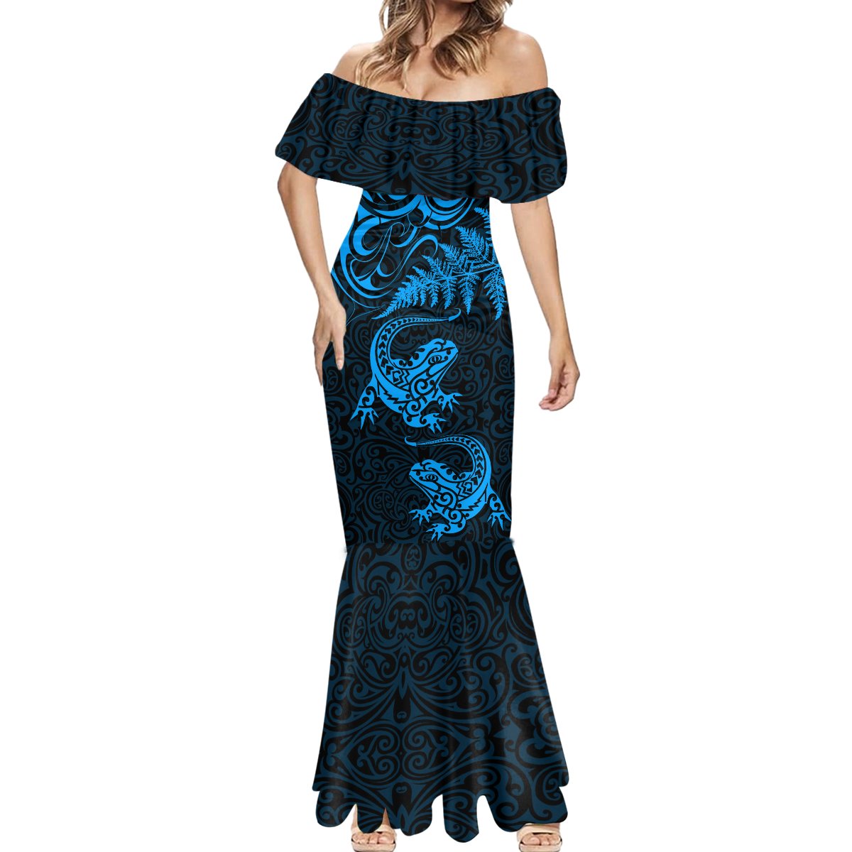 New Zealand Tuatara Tribal Tattoo Mermaid Dress Silver Fern and Maori Pattern Blue Color LT03 - Polynesian Pride