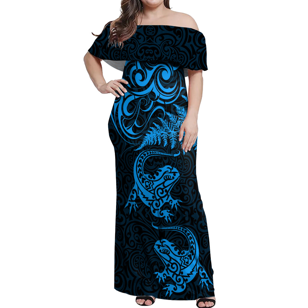 New Zealand Tuatara Tribal Tattoo Off Shoulder Maxi Dress Silver Fern and Maori Pattern Blue Color LT03 Women Blue - Polynesian Pride