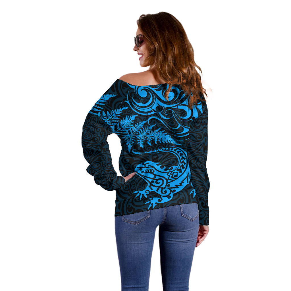 New Zealand Tuatara Tribal Tattoo Off Shoulder Sweater Silver Fern and Maori Pattern Blue Color LT03 - Polynesian Pride