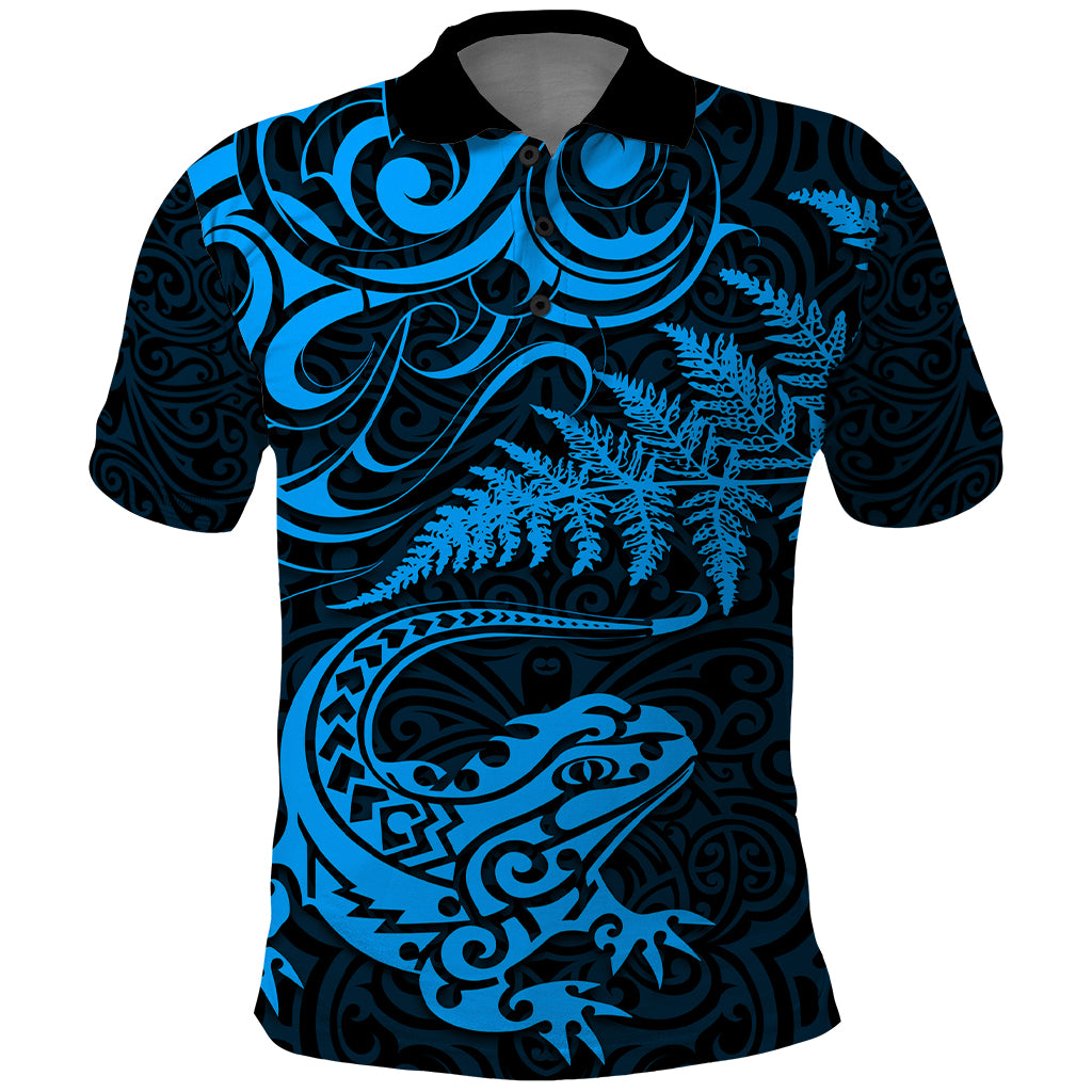 New Zealand Tuatara Tribal Tattoo Polo Shirt Silver Fern and Maori Pattern Blue Color LT03 Blue - Polynesian Pride