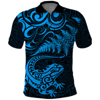 New Zealand Tuatara Tribal Tattoo Polo Shirt Silver Fern and Maori Pattern Blue Color LT03 Blue - Polynesian Pride