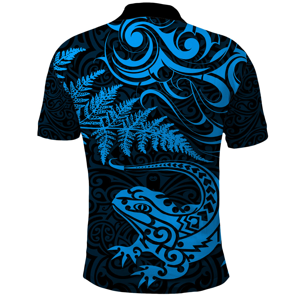 New Zealand Tuatara Tribal Tattoo Polo Shirt Silver Fern and Maori Pattern Blue Color LT03 - Polynesian Pride