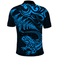 New Zealand Tuatara Tribal Tattoo Polo Shirt Silver Fern and Maori Pattern Blue Color LT03 - Polynesian Pride