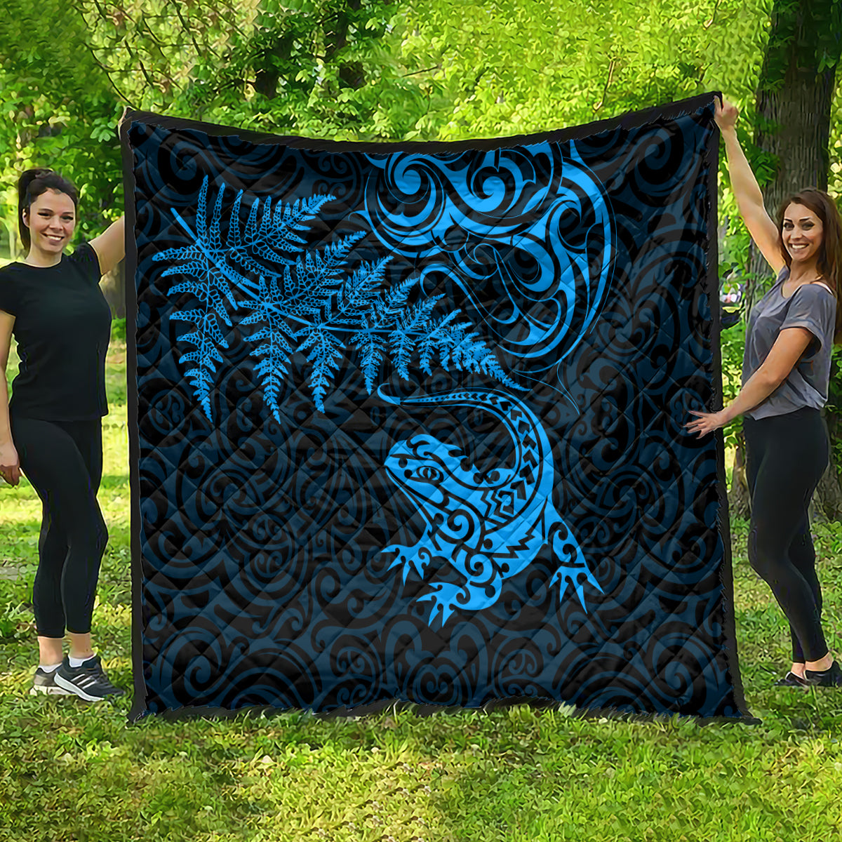 New Zealand Tuatara Tribal Tattoo Quilt Silver Fern and Maori Pattern Blue Color LT03 - Polynesian Pride