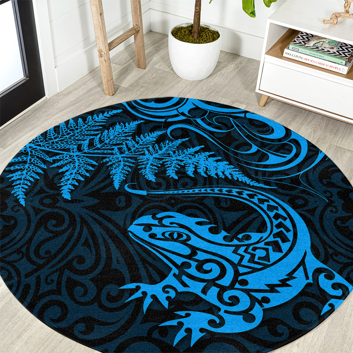 New Zealand Tuatara Tribal Tattoo Round Carpet Silver Fern and Maori Pattern Blue Color LT03 Blue - Polynesian Pride