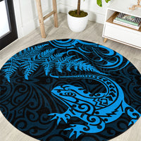 New Zealand Tuatara Tribal Tattoo Round Carpet Silver Fern and Maori Pattern Blue Color LT03 Blue - Polynesian Pride