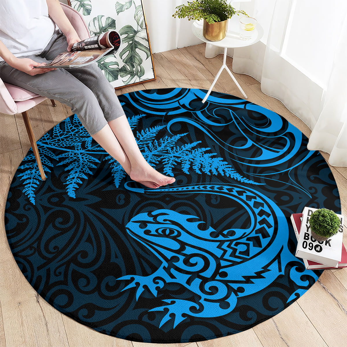 New Zealand Tuatara Tribal Tattoo Round Carpet Silver Fern and Maori Pattern Blue Color LT03 - Polynesian Pride