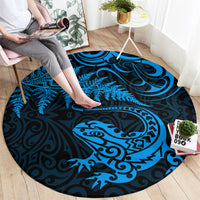 New Zealand Tuatara Tribal Tattoo Round Carpet Silver Fern and Maori Pattern Blue Color LT03 - Polynesian Pride