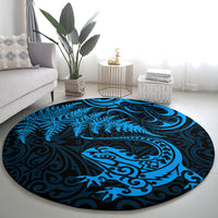 New Zealand Tuatara Tribal Tattoo Round Carpet Silver Fern and Maori Pattern Blue Color LT03 - Polynesian Pride