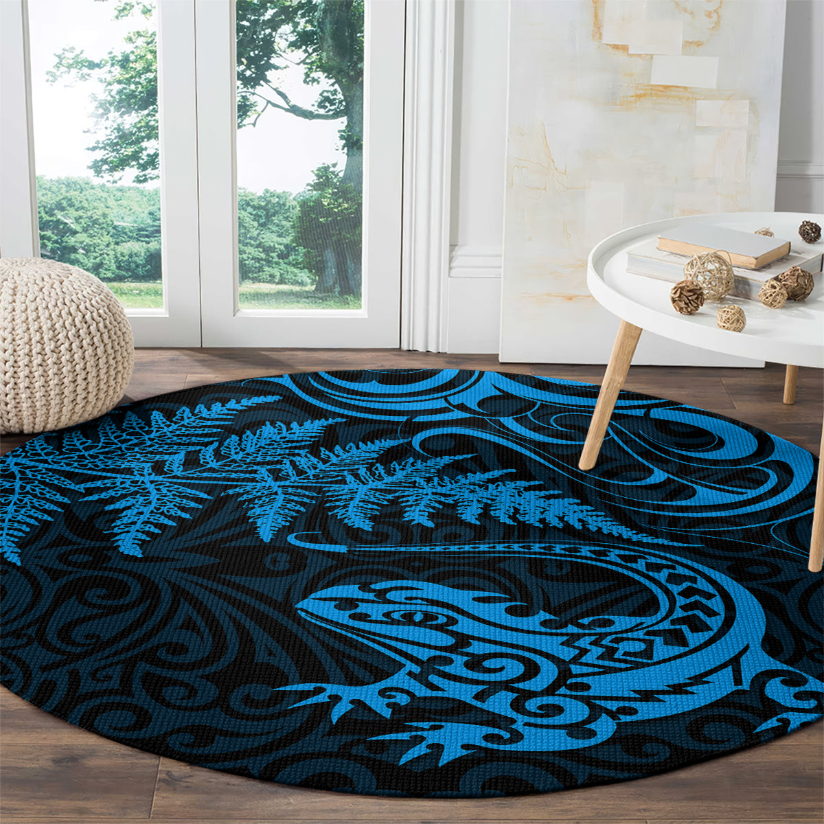 New Zealand Tuatara Tribal Tattoo Round Carpet Silver Fern and Maori Pattern Blue Color LT03 - Polynesian Pride