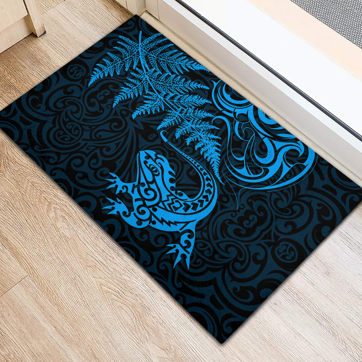 New Zealand Tuatara Tribal Tattoo Rubber Doormat Silver Fern and Maori Pattern Blue Color LT03 - Polynesian Pride