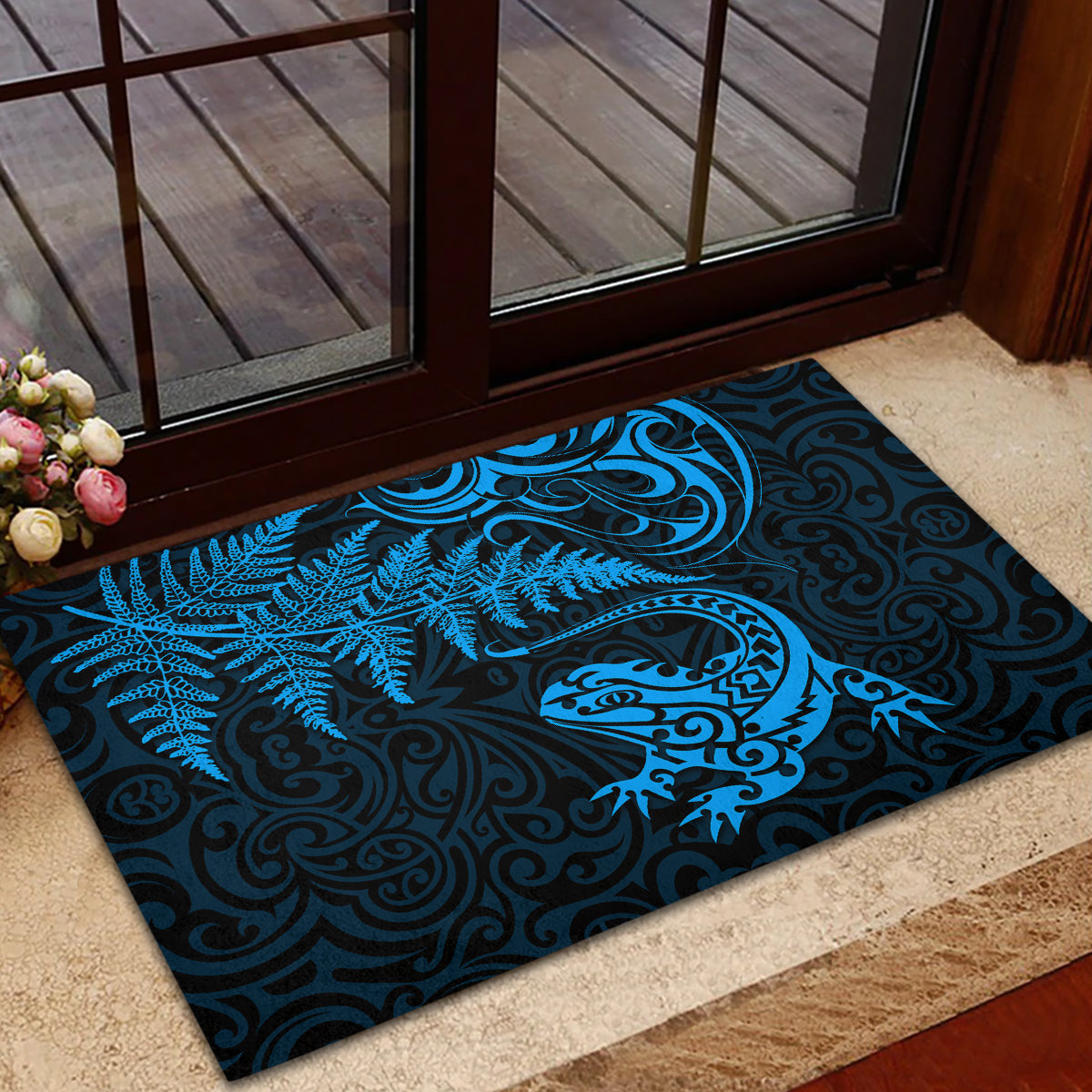 New Zealand Tuatara Tribal Tattoo Rubber Doormat Silver Fern and Maori Pattern Blue Color LT03 - Polynesian Pride