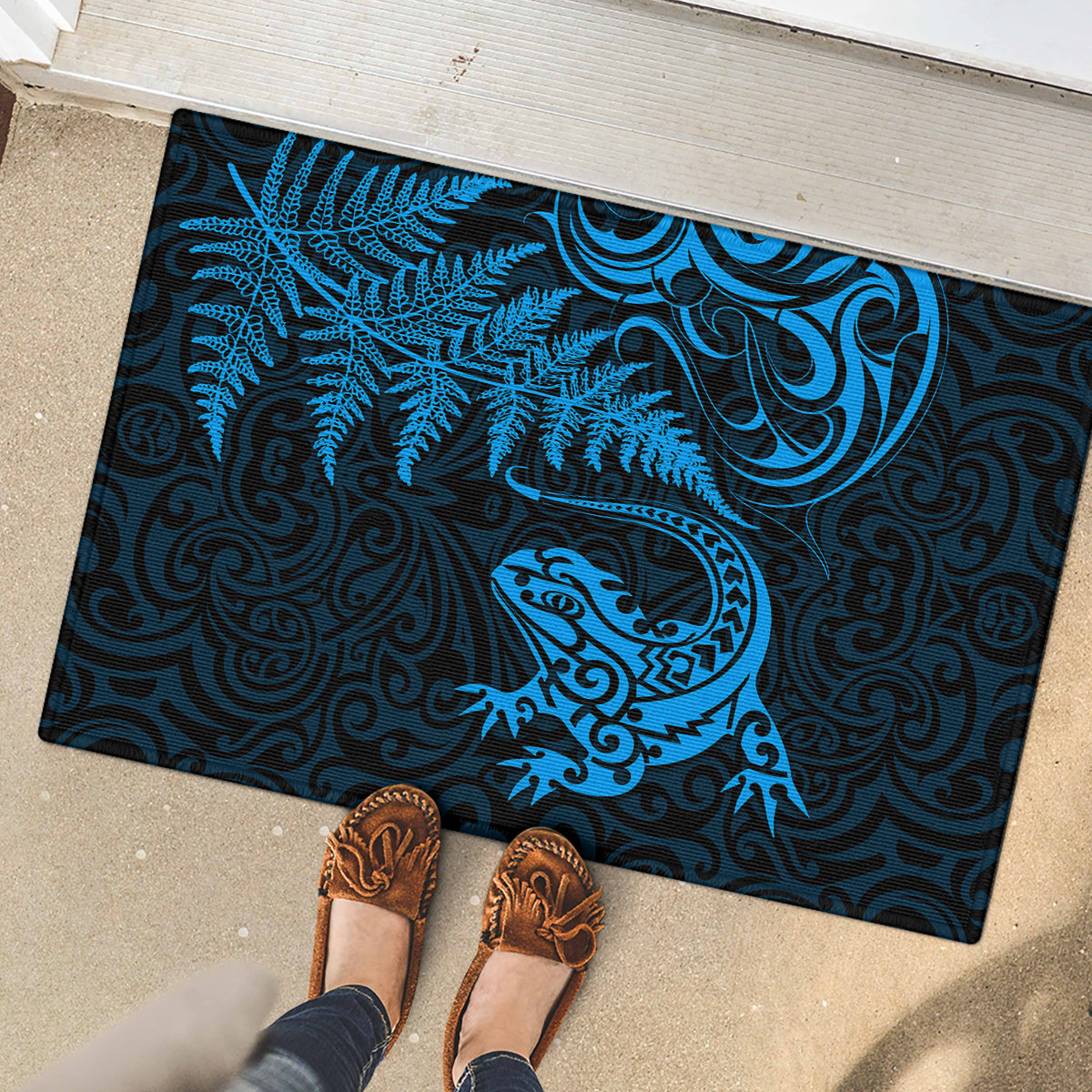 New Zealand Tuatara Tribal Tattoo Rubber Doormat Silver Fern and Maori Pattern Blue Color LT03 - Polynesian Pride