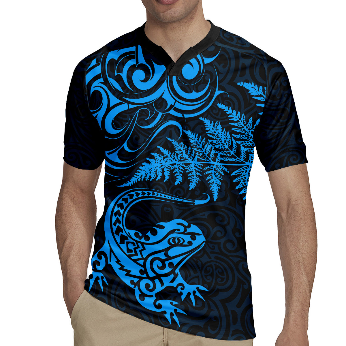 New Zealand Tuatara Tribal Tattoo Rugby Jersey Silver Fern and Maori Pattern Blue Color LT03 - Polynesian Pride