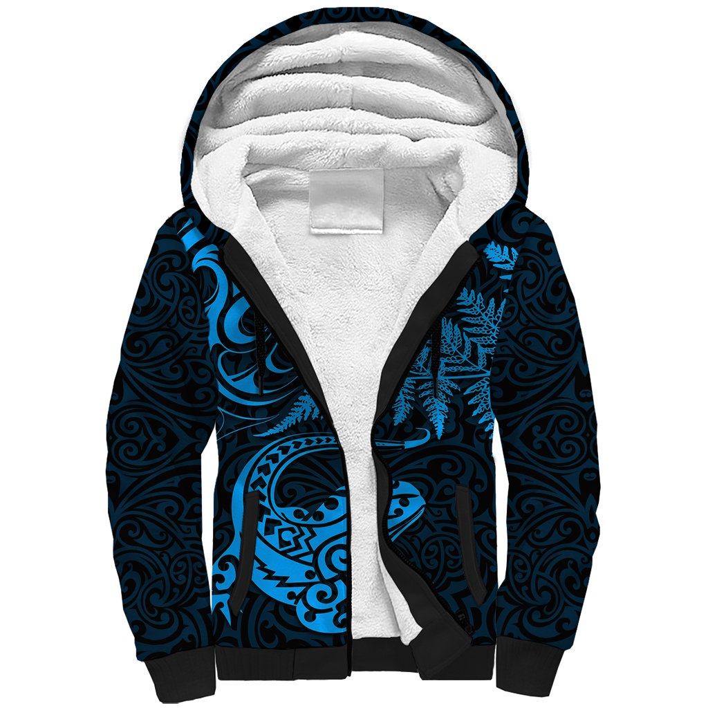 New Zealand Tuatara Tribal Tattoo Sherpa Hoodie Silver Fern and Maori Pattern Blue Color LT03 Unisex Blue - Polynesian Pride
