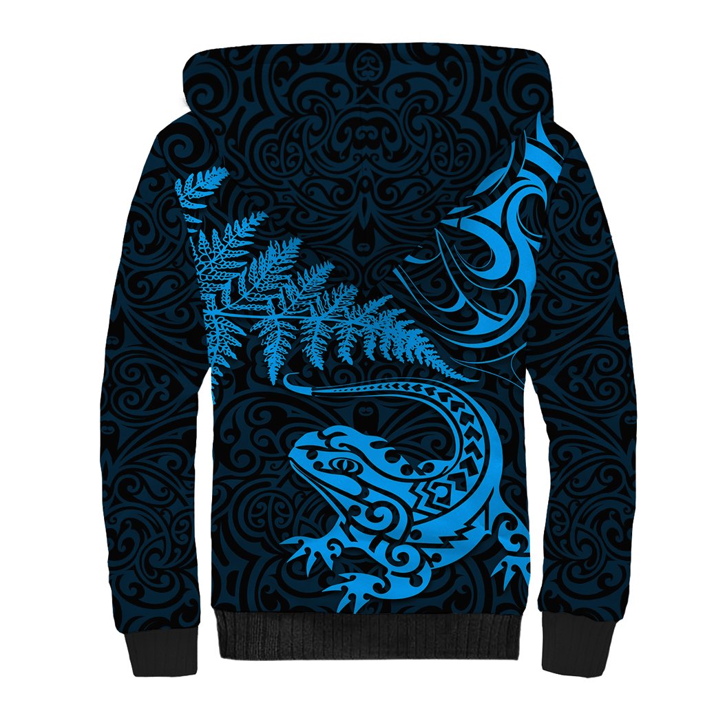 New Zealand Tuatara Tribal Tattoo Sherpa Hoodie Silver Fern and Maori Pattern Blue Color LT03 - Polynesian Pride
