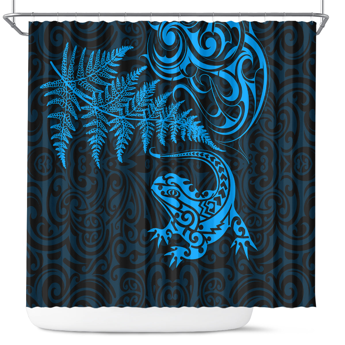 New Zealand Tuatara Tribal Tattoo Shower Curtain Silver Fern and Maori Pattern Blue Color LT03 Blue - Polynesian Pride