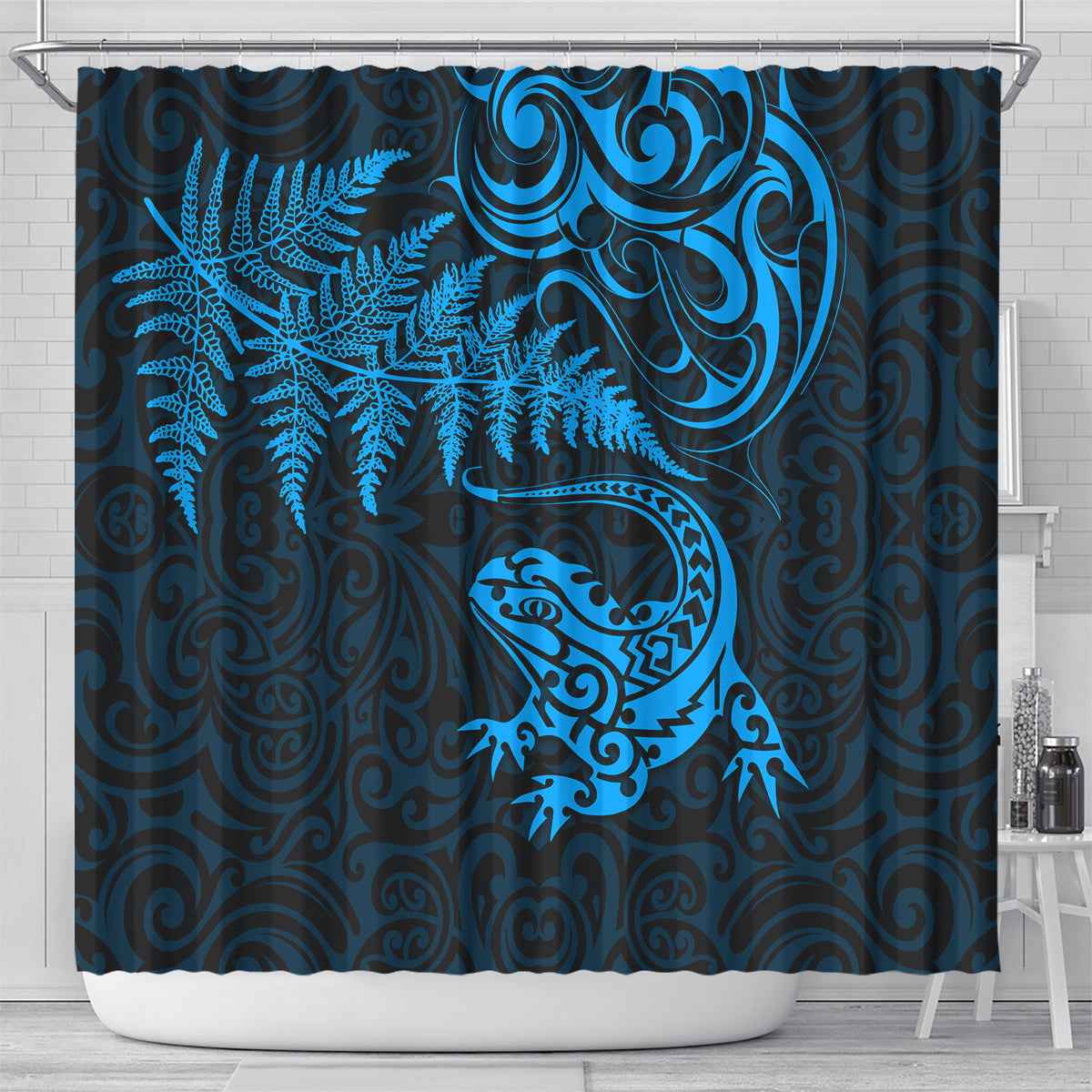 New Zealand Tuatara Tribal Tattoo Shower Curtain Silver Fern and Maori Pattern Blue Color LT03 - Polynesian Pride