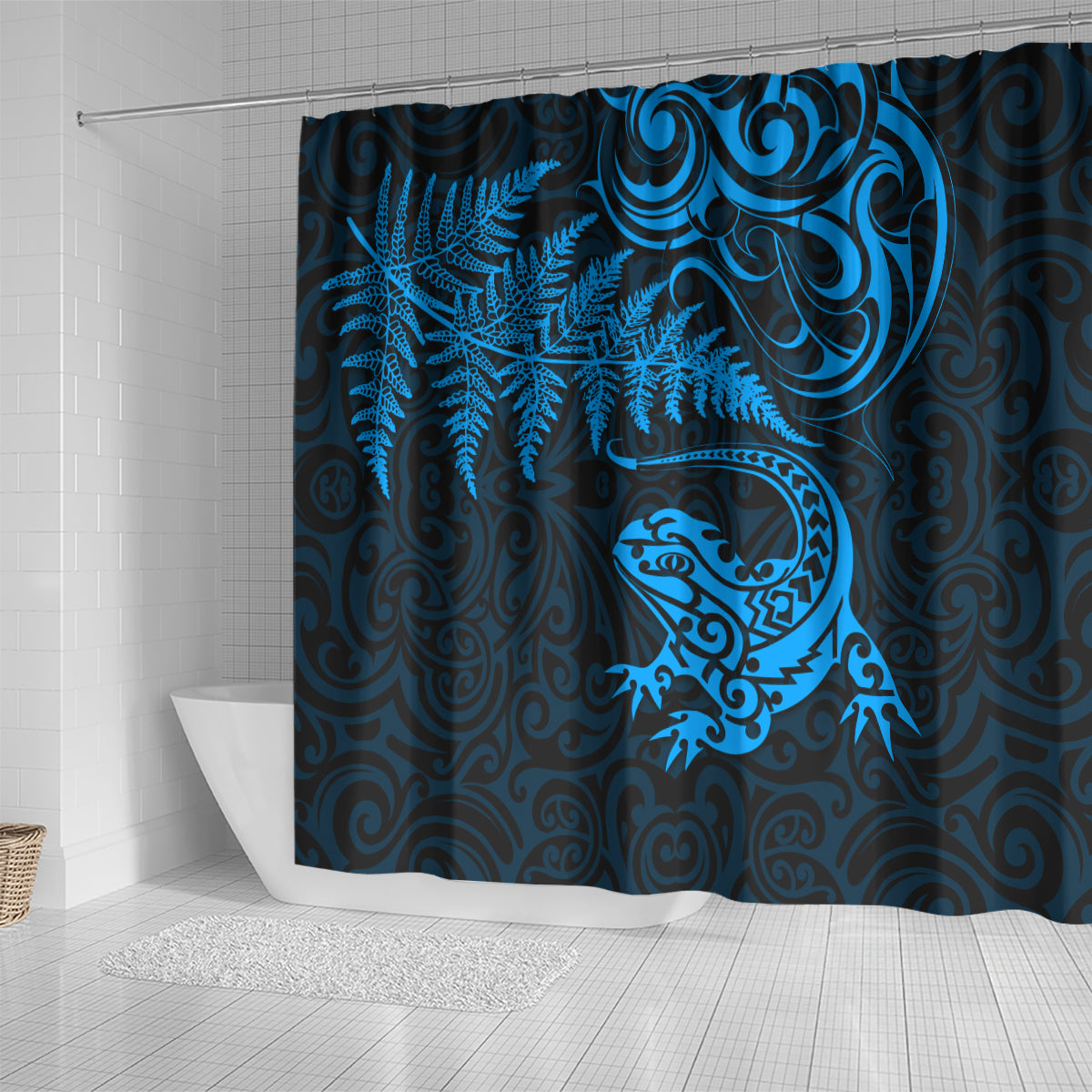 New Zealand Tuatara Tribal Tattoo Shower Curtain Silver Fern and Maori Pattern Blue Color LT03 - Polynesian Pride